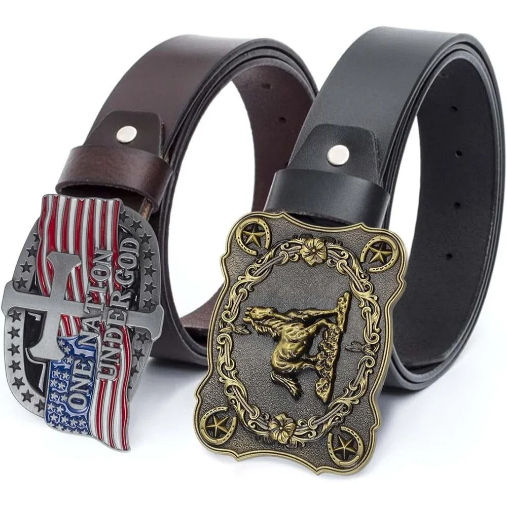 Men Gold 2 Pieces Western Cowboy & American Flag Cross Belt Buckle